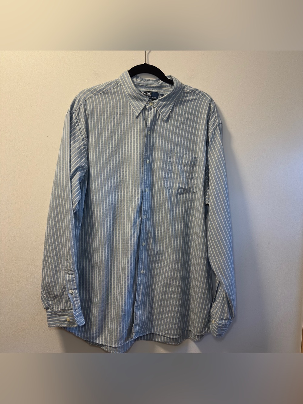 Polo Ralph Lauren Men’s Light Blue White Striped Long Sleeve Collared Shirt SzXL
